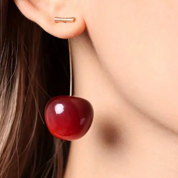 Cute Red Cherry Shaped Drop Gold Electro-Plated Stem Earrings - Picture 1 of 2